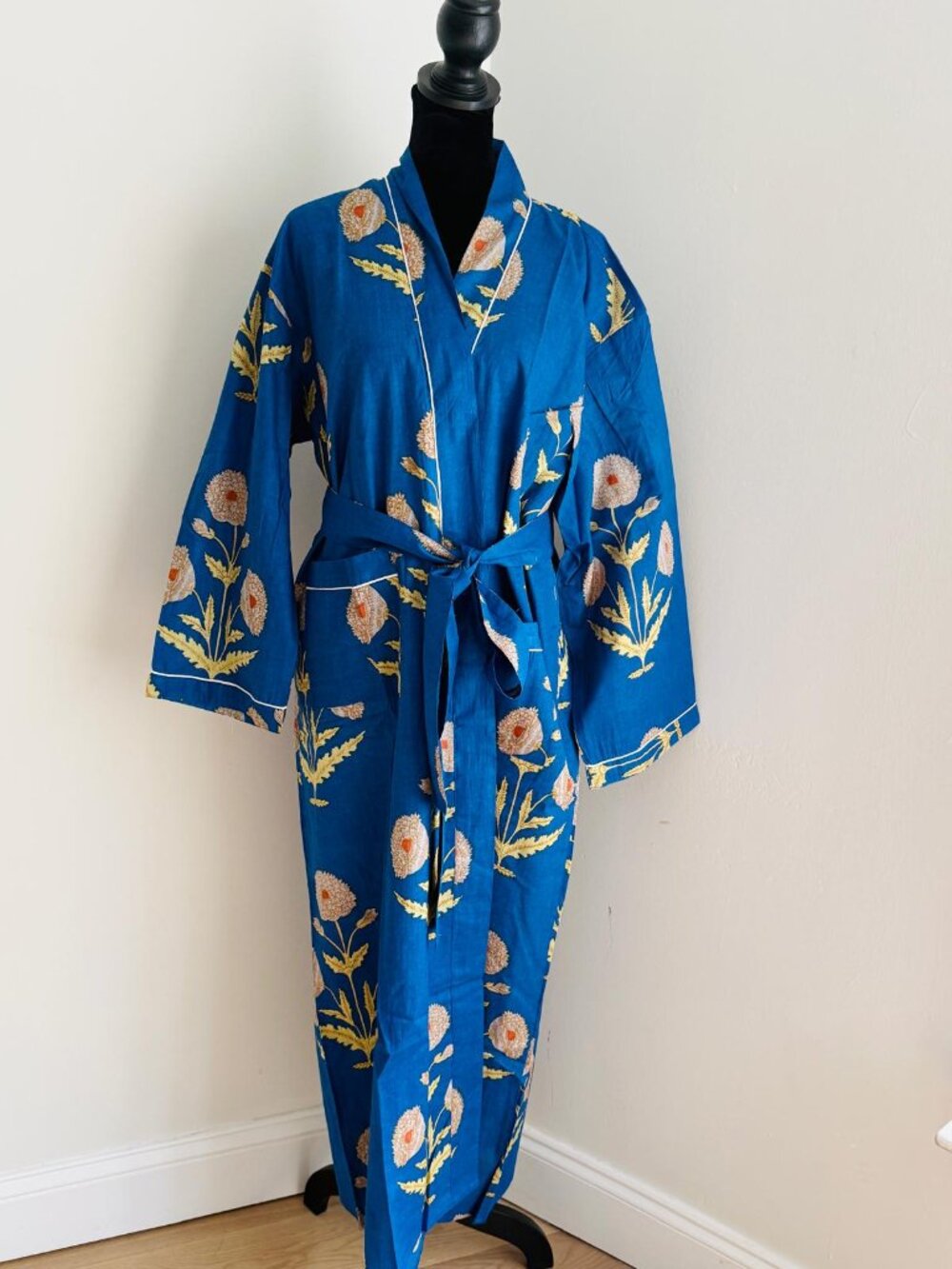Hand block Print Cotton Kimono Robe, Floral Lounge Gown, Bridesmaid Gift, Resort
